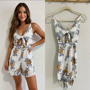 NWT White Pineapple Print Tie Front Romper Shorts
